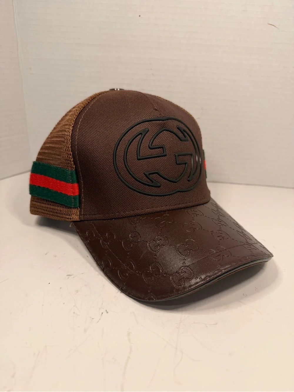 Gucci GG Logo Brown Trucker Cap with Leather Brim
